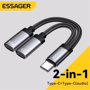 Adapter Essager "Dual String2" Black (In: Male Type-C / Out: Female 2xType-C)