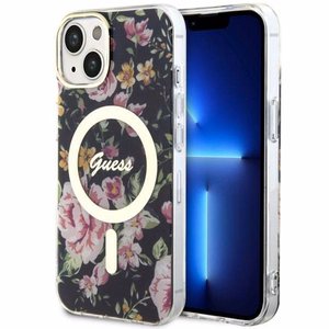 Guess Flower MagSafe suojakuori iPhone 14:lle - musta