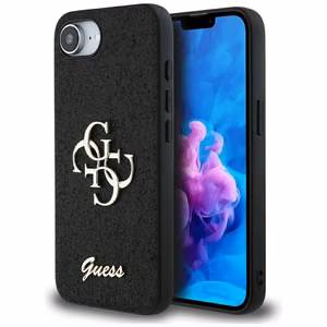 Guess HC Fixed Glitter Big 4G Suojakuori iPhone 16e:lle - Musta