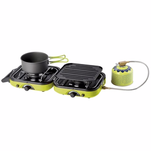 Meva DUAL COMPACT + GRILL retkikaasukeitin kaasupatruunoille, taitettava 2-polttiminen malli grillilevyllä