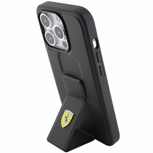 Ferrari Grip Stand Metal Logo Suojakuori iPhone 15 Pro Maxille - musta