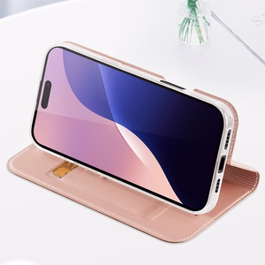 Dux Ducis Skin Pro Suojakuori iPhone 16 Pro Max:lle kansiosella ja korttilokerolla - vaaleanpunainen
