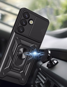 Hybrid Armor Camshield kameransuojauksella ja metallisormuksella Samsung Galaxy S25:lle - musta