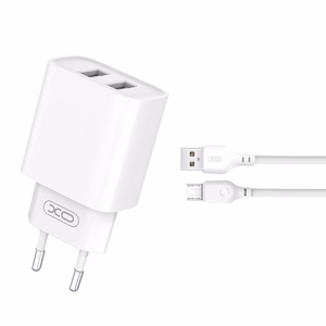 XO seinälaturi CE02C 2x USB 2,1A, valkoinen + microUSB-kaapeli