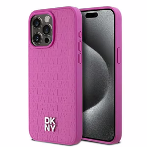 DKNY Nahkainen Monogram Pattern Metal Logo MagSafe Suojakuori iPhone 15 Pro Max:lle - Vaaleanpunainen