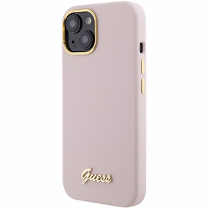 Guess Silicone Script Metal Logo & Frame suojakuori iPhone 15:lle - vaaleanpunainen