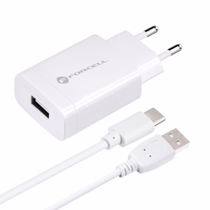 Puhelinlaturi Forcell F-Energy USB A QC3.0 2,4A 18W + kaapeli USB A - USB C TFK-TC-1099 valkoinen