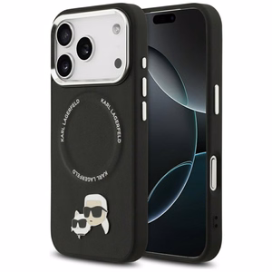 Karl Lagerfeld MagSafe PU Suojakuori Karl&Choupette Pins -logolla ja metallikamerapainikkeilla iPhone 17 Pro Max:lle - Musta