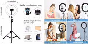 LED-rengasvalo 26 cm pöytäjalustalla jopa 1.1m, puhelinpidike, USB