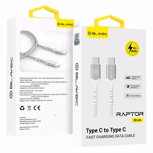 Blavec Raptor punottu Kaapeli - Type C - Type C - PD 60W 3A 0,5 metriä Apple CarPlay/Android Auto (CRA-CC3WS05) valkoinen-hopeinen
