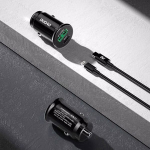 Autolaturi Dudao R3PRO musta (1xUSB / 1xUSB-C / 18W) + Type-C / Lightning kaapeli