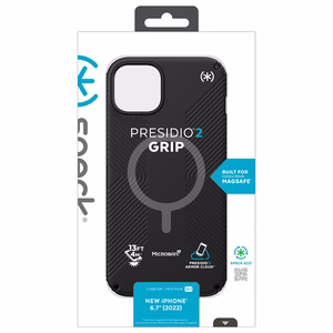 Speck Presidio2 Grip MagSafe suojakuori iPhone 14 Plus -laitteelle, pitävällä liukuestepinnalla, Black / Black / White -väriyhdistelmä