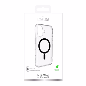 Puro Lite Mag TPU+PC suojakuori MagSafe-yhteensopiva iPhone 17:lle - läpinäkyvä mustalla renkaalla