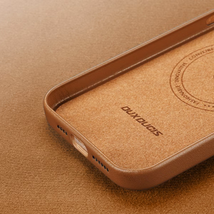 Dux Ducis Grit Leather Case for iPhone 14 Plus Elegant Faux Leather Cover (MagSafe Compatible) Brown