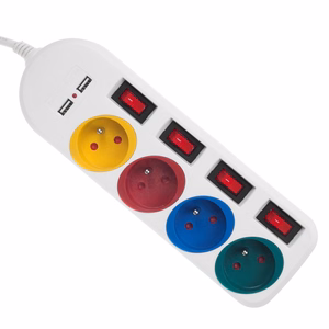 Maclean MCE229 W – jatkojohto pistorasioilla, 4 pistorasiaa + 2×USB, erilliset kytkimet, 250 V AC/10 A, 2,1 A 5 V, 1,5 m, valkoinen