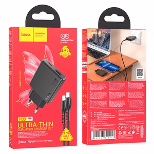Puhelinlaturi Hoco Slim USB-A + USB-C QC3.0 PD 3A 20W + USB-C - Lightning -kaapeli N38 musta