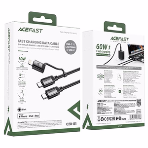 Acefast C20-01 USB-C - USB-C / Lightning kaapeli 60W/30W 480Mb/s 3A 1,2 m - musta