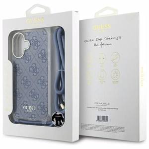 Guess Crossbody Cord 4G Print Suojakuori hihnalenkkillä iPhone 16:lle - sininen