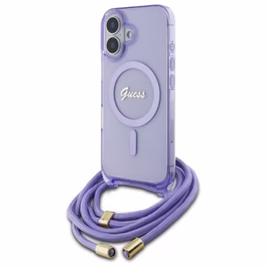 Guess Crossbody Cord Script MagSafe suojakuori iPhone 16:lle - violetti