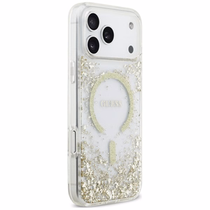 Guess Resin Bottom Glitter MagSafe suojakuori malleille iPhone 18 Pro Max / 17 Pro Max, kultainen