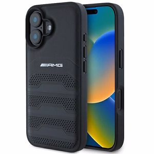 AMG Leather Debossed Lines Black Logo Suojakuori iPhone 16:lle - musta