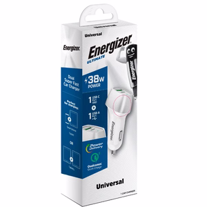 Energizer Ultimate D38WS autolaturi, USB-C + USB-A, 38 W PD + QC 3,0, valkoinen ja hopeanvärinen