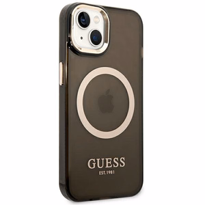Guess GUHMP14MHTCMK iPhone 14 Plus 6.7" musta/musta kova kotelo kultainen ääriviivat läpikuultava MagSafe