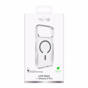 Puro Lite Mag TPU+PC suojakuori MagSafe-yhteensopiva iPhone 17 Pro:lle - läpinäkyvä harmaalla renkaalla