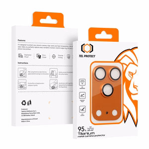 Karkaistu lasi Tel Protect 95% AR+AF, täysmetallinen kamerasuoja iPhone 17 Pro -kameralle, oranssi (kamerasaareke)