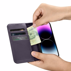 iCarer lompakko asia 2in1 kansi iPhone 14 Pro Anti-RFID nahka Flip Case tumman violetti (WMI14220726-DP)
