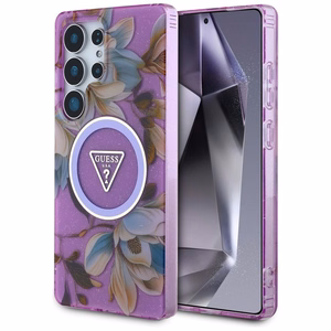 Guess Glitter Flowers Triangle Buttons MagSafe case for Samsung Galaxy S25 Ultra - purple