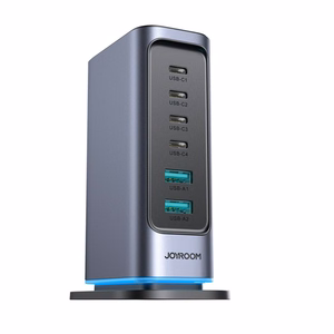 Joyroom JR-TCM02 GaN 65W laturi lataustukiasema 4xUSB-C 2xUSB-A UK-pistoke - harmaa