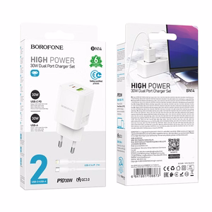 Borofone Wall charger BN14 Royal GaN - USB + Type C - QC 3.0 PD 30W with Type C to Lightning cable white