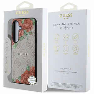 Guess Nahkainen 4G Flowers Print Metal Classic Logo MagSafe Suojakuori Samsung Galaxy S25:lle - vaaleanpunainen