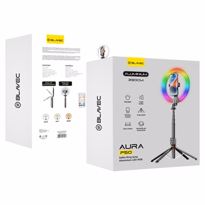 Blavec Selfie Ring Lamp Aluminium Aura LED RGB P-50 25 cm kolmijalka + kauko-ohjain + 2,3 m musta (vaurioitunut pakkaus)