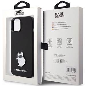 Karl Lagerfeld Silikoninen Choupette Metal Pin Suojakuori iPhone 15 Plus / 14 Pluslle - musta