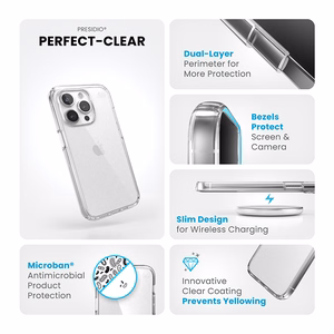 Speck Presidio Perfect-Clear suojakuori iPhone 15 Pro -laitteelle, läpinäkyvä