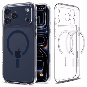 Spigen Ultra Hybrid Mag suojakuori laitteelle iPhone 17 Pro, MagSafe-yhteensopiva, läpinäkyvä ja tummansininen
