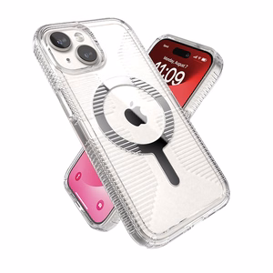 Speck GemShell Grip MagSafe -suojakuori iPhone 17e / 16e / 15 / 14 / 13 -laitteelle, läpinäkyvä krominvärisillä yksityiskohdilla