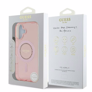 Guess IML Rhinestones MagSafe Suojakuori iPhone 16:lle - vaaleanpunainen
