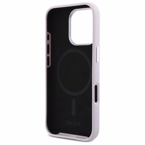DKNY Liquid Silicone Small Metal Logo MagSafe Suojakuori iPhone 16 Pro:lle - vaaleanpunainen
