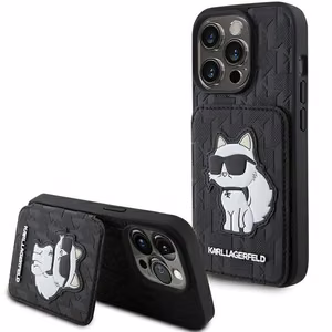 Karl Lagerfeld Saffiano Cardslots and Stand Monogram Choupette suojakuori iPhone 15 Pro:lle - musta