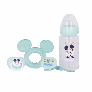 Mickey Mouse Cool -vauvan setti: 240 ml:n tuttipullo, anatominen tutti, purulelu ja tuttipidike