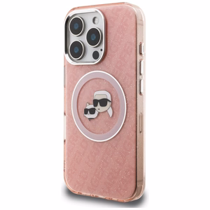 Karl Lagerfeld IML Glitter Karl & Choupette Heads Logo MagSafe suojakuori iPhone 16 Pro - vaaleanpunainen