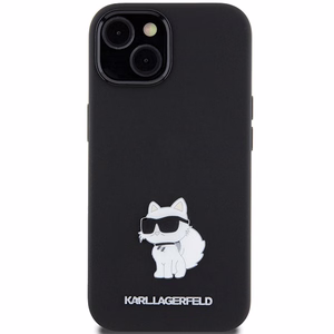 Karl Lagerfeld Silikoninen Choupette Metal Pin Suojakuori iPhone 15 Plus / 14 Pluslle - musta