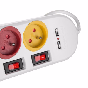Maclean MCE229 W – jatkojohto pistorasioilla, 4 pistorasiaa + 2×USB, erilliset kytkimet, 250 V AC/10 A, 2,1 A 5 V, 1,5 m, valkoinen