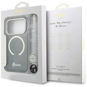 Guess IML Glitters Script Hihna MagSafe Suojakuori iPhone 17 Pro:lle - musta