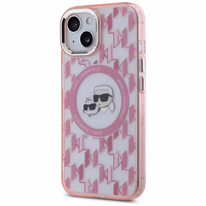 Karl Lagerfeld IML Monogram Karl & Choupette Head MagSafe Suojakuori iPhone 15 Plus:lle - Vaaleanpunainen