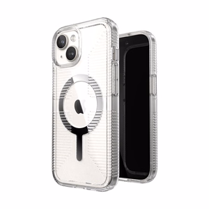 Speck GemShell Grip MagSafe -suojakuori iPhone 17e / 16e / 15 / 14 / 13 -laitteelle, läpinäkyvä krominvärisillä yksityiskohdilla