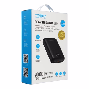 Veger S20 (W2081) -varavirtalähde PD QC3.0 2A 22,5W 20000 mAh, musta
